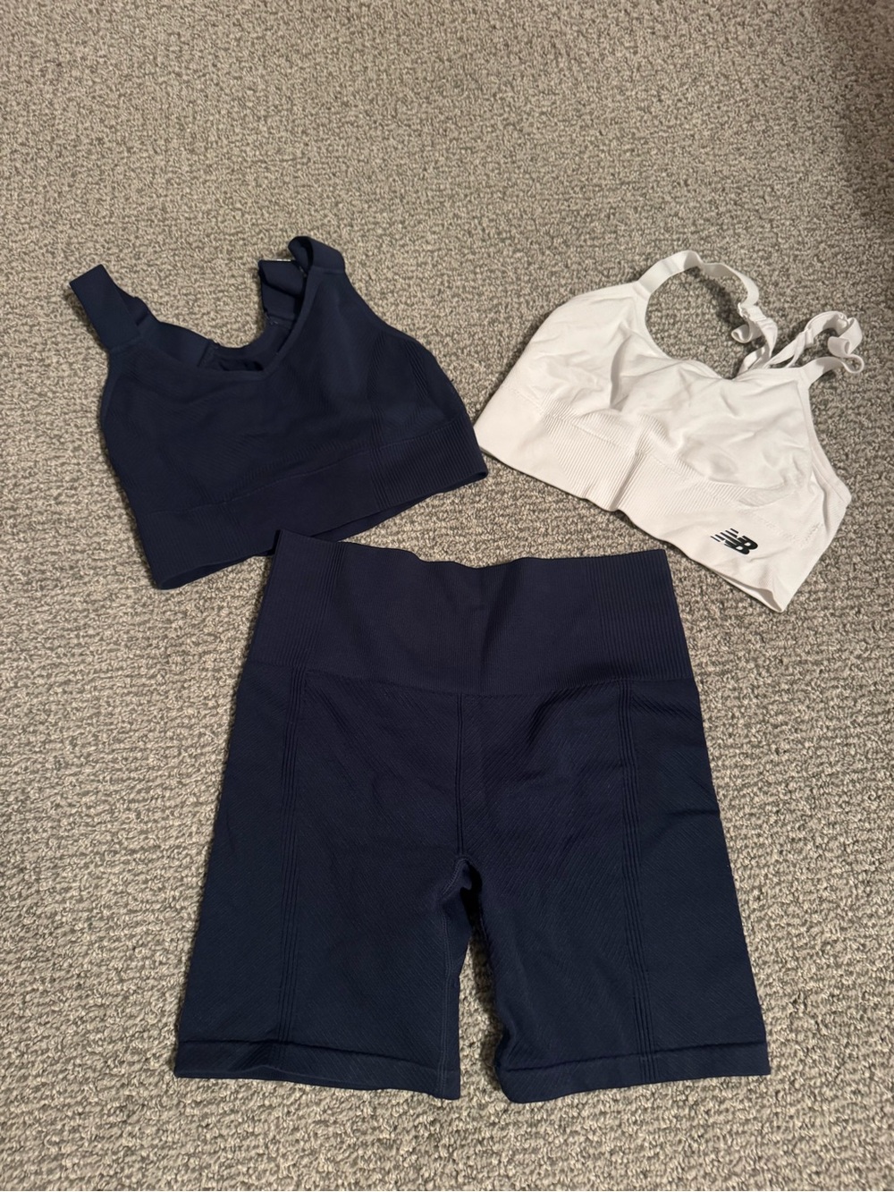 New Balance Navy Bike Shorts/bra and White Sports Bra Set